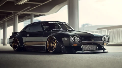 Sleek custom classic car resting low in warm city light.