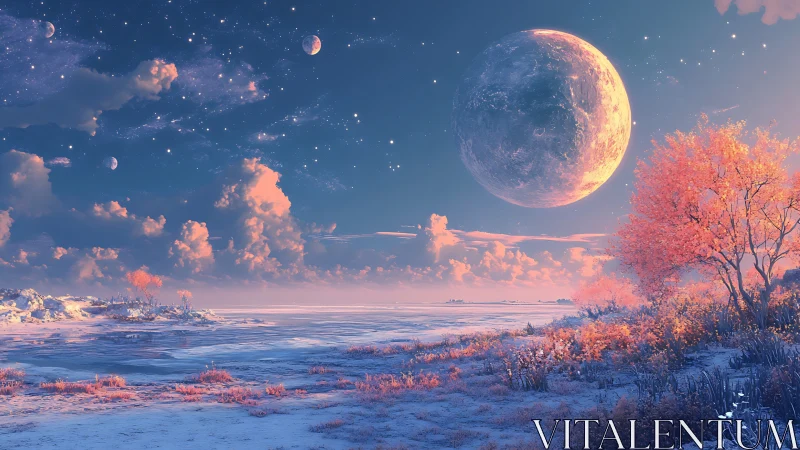 Moonrise over cotton-candy tundra and coral starlit groves.