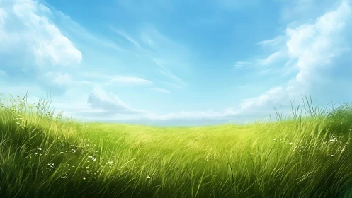 Bright grassy field under blue sky with scattered clouds