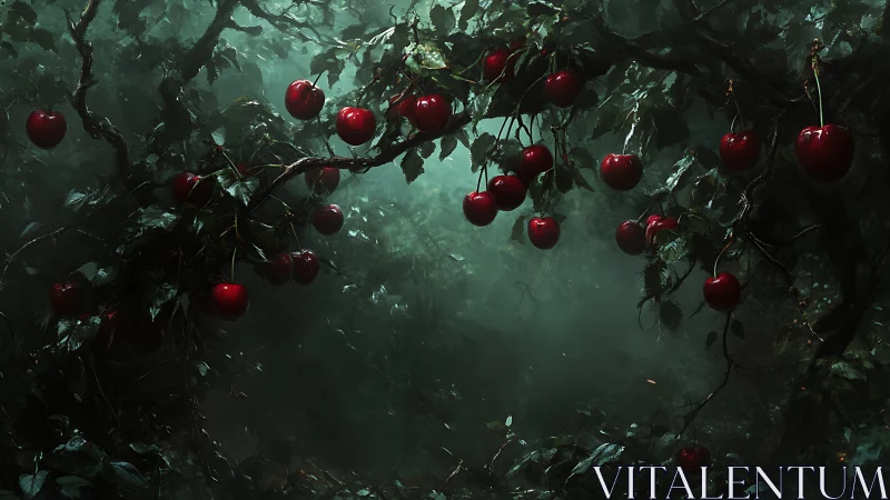 Enchanted forest canopy of luminous midnight cherries.