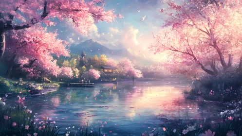 Serene cherry blossom lake at sunrise in soft pastel light.