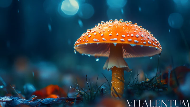 Rain-speckled forest mushroom glowing like a tiny lantern.