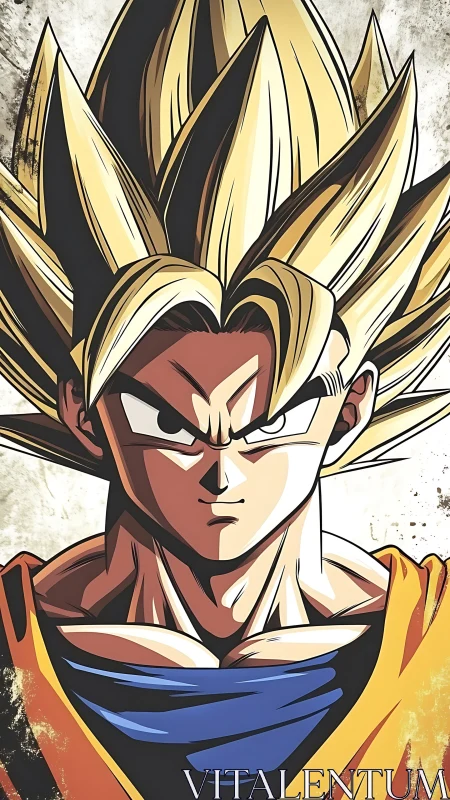 Spiky golden haired anime warrior portrait, cel shaded bust