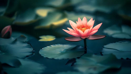 Luminous pink water lily over deep teal lily pads at dusk.