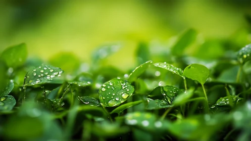 Macro study of dew-kissed clover leaves in vivid green bokeh.
