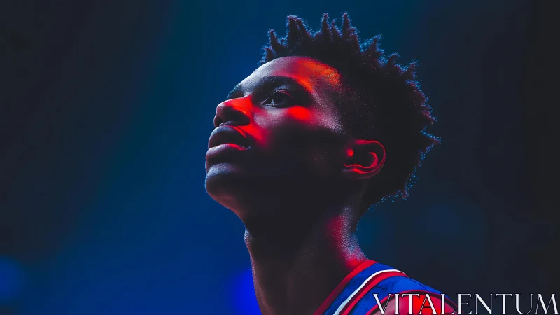 Basketball player in colored arena lighting at close range.