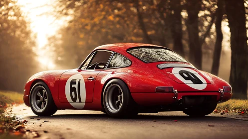 Red vintage race car parked on tree lined road at dusk.