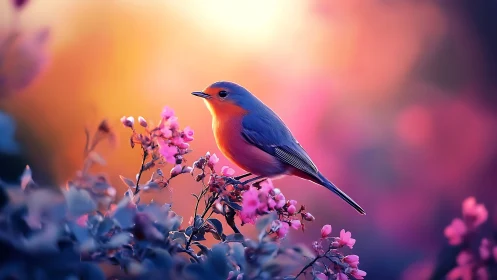 Vibrant Robin on Blossoming Branch in Dreamy Sunset Style.