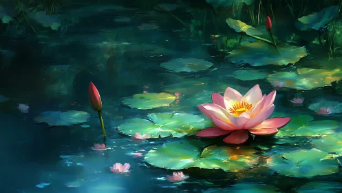 Moonlit lily orchestra drifting on emerald midnight water.