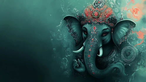 Ornate teal elephant deity rendered in intricate digital painting