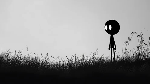 Silhouette figure in monochrome field under soft gradient sky.