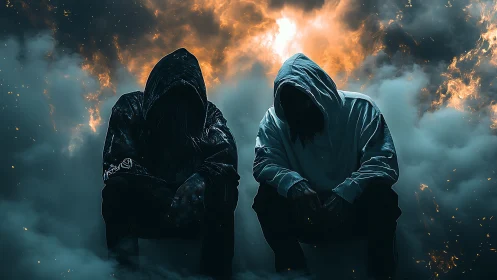 Hooded figures resting in a storm of fire and mist.