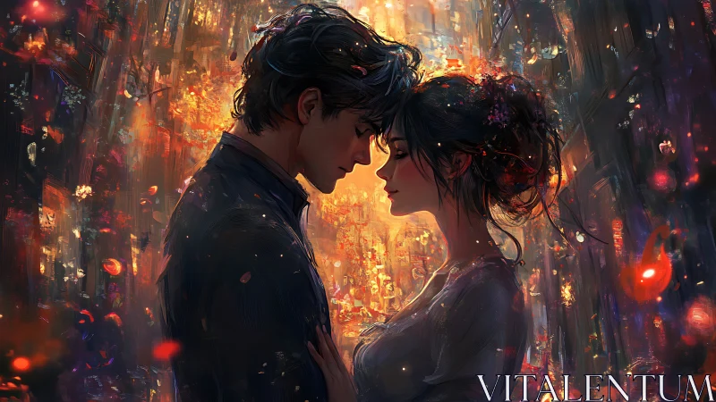 Two figures face each other against burning urban backdrop