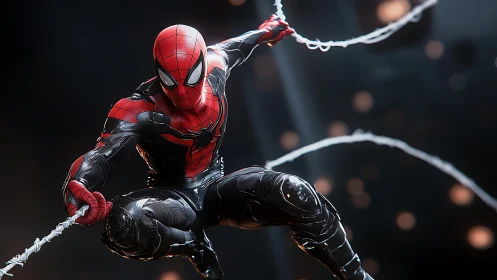Armored web-slinging hero leaps through a glowing city haze