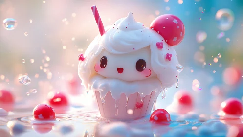 Three-dimensional cupcake character with anthropomorphic features and decorative elements.