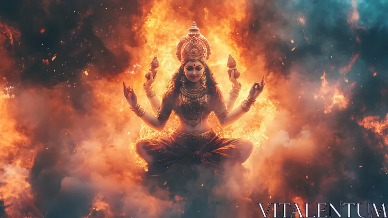 Fiery goddess figure meditates in swirling cosmic flames