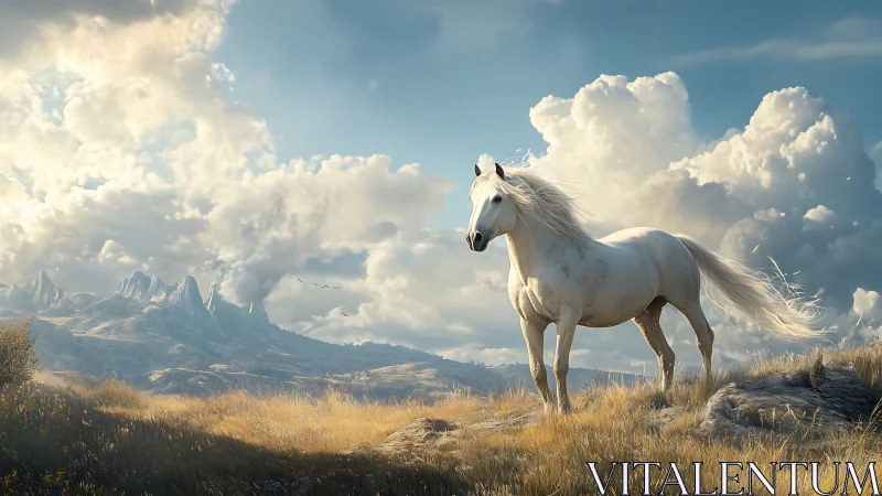 White stallion beneath towering storm-sculpted clouds.