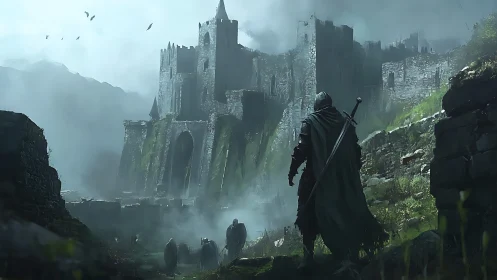 Cloaked warrior approaches the moss-eaten haunted fortress gate.