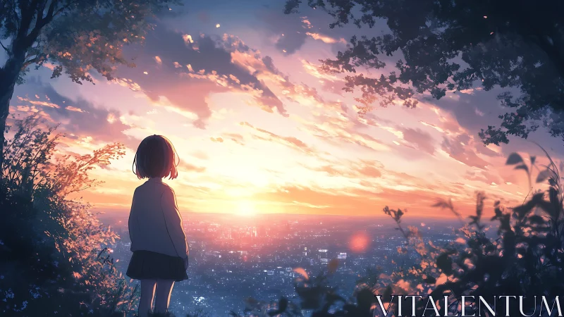 Backlit girl observes luminous cityscape under stratified sunset sky