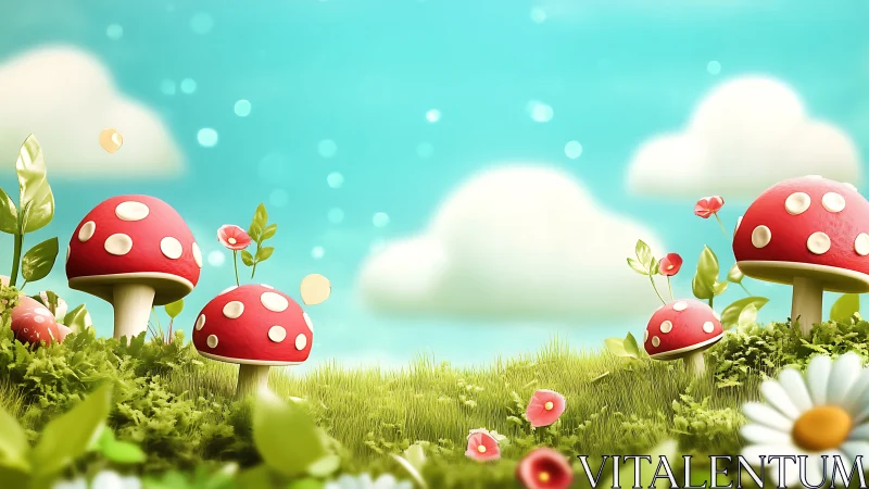 Whimsical 3D mushrooms in bright meadow under soft sky.