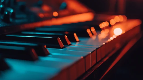 Electronic keyboard keys are illuminated by orange and teal lighting