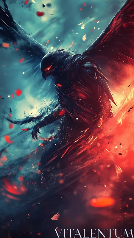 Infernal raven angel cleaves storm and fire in midair.