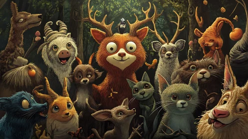 Forest critter gathering with whimsical central fox leader.