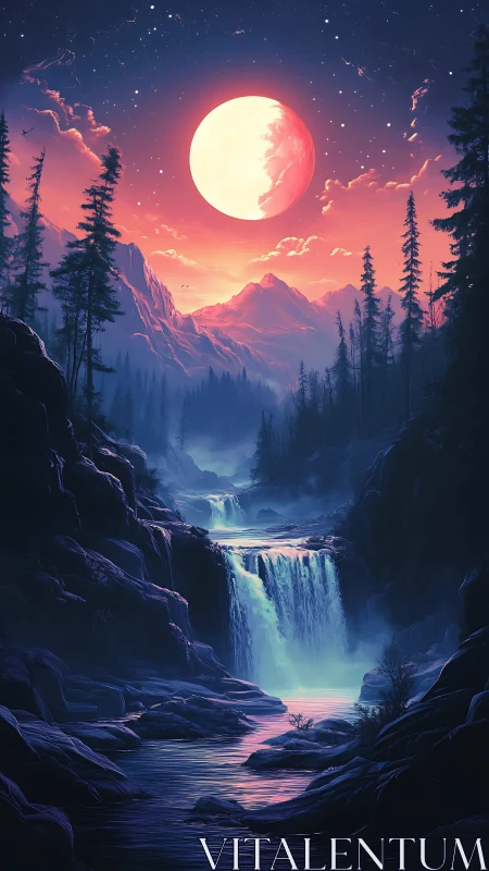 Digital painting of lunar-lit cascade in alpine conifer gorge.