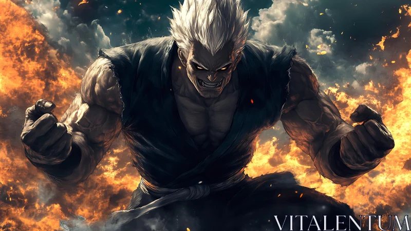 Storm-hearted warrior rising through firelit clouds.