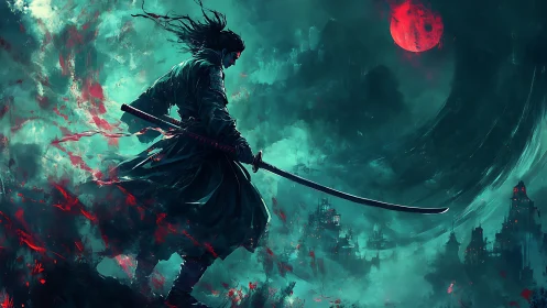 Solitary armored swordsman stands before red moonlit skyline