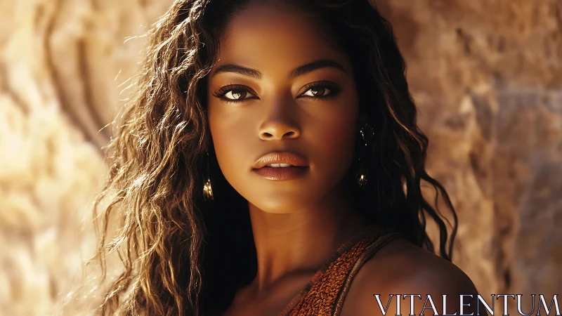 Portrait of woman in warm light against stone wall.