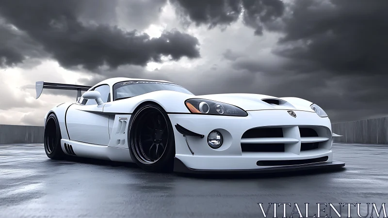 Aerodynamic track-spec supercar under storm-loaded skyscape.