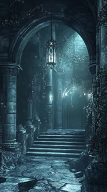 Moonlit ivy whispers over the forgotten gothic stairway