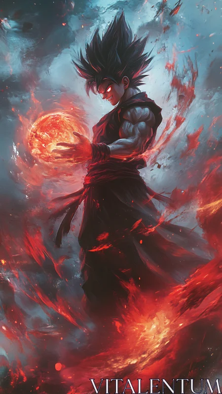 Fiery anime warrior calmly shapes blazing cosmic power