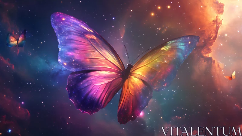 Butterfly with nebula-patterned wings in star field composition.