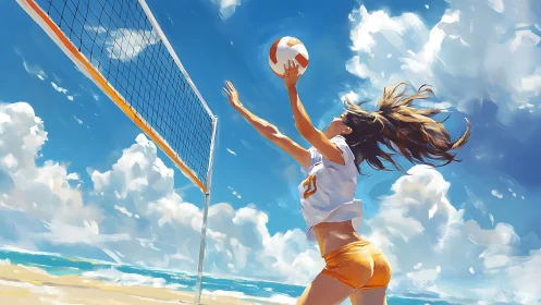 Dynamic beach volleyball jump under high-saturation skyscape.