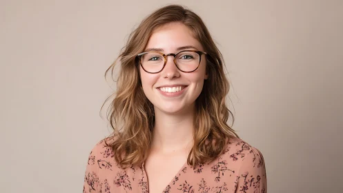 Young woman with glasses smiling in modern studio portrait.