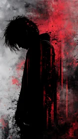 Silhouetted figure in red and gray abstract grunge scene.