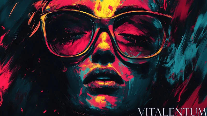 Portrait shows stylized face with glasses in high-contrast neon