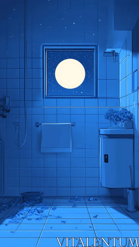 Moonlit tiled bathroom glows in tranquil midnight silence