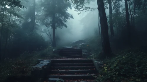 Misty Forest Stairway Guiding Wanderers Into Quiet Mystery.