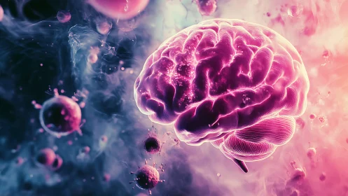 Glowing human brain in abstract pink and blue nebula field.