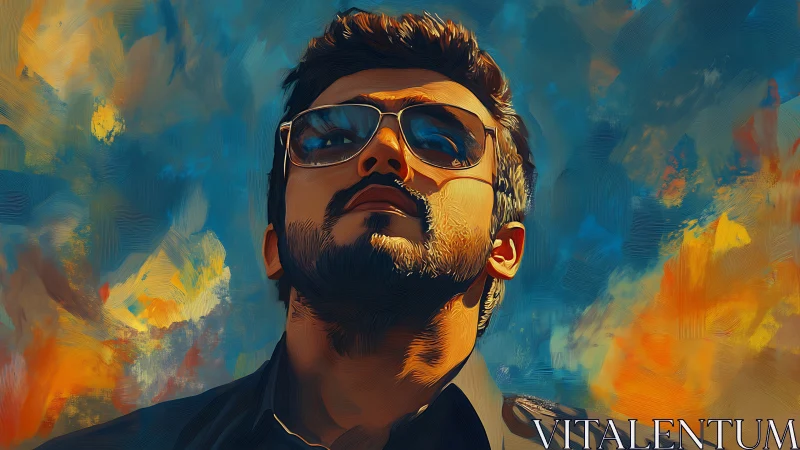 Confident man in sunglasses framed by vivid painted sky.