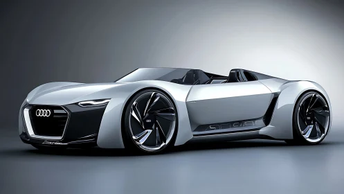 Futuristic silver Audi roadster sports car concept render.