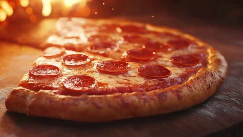 Wood-fired pepperoni pizza rendered in warm photoreal light