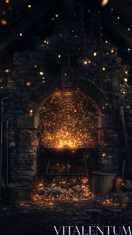 Furnace opening emitting sparks and glowing particles at night