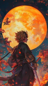 Moonlit swordsman walks through falling embers of tomorrow