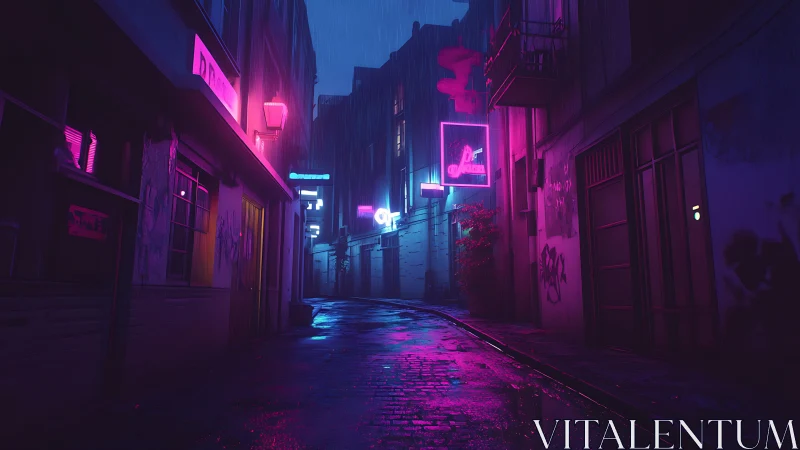 Neon illuminated narrow alleyway is depicted at night