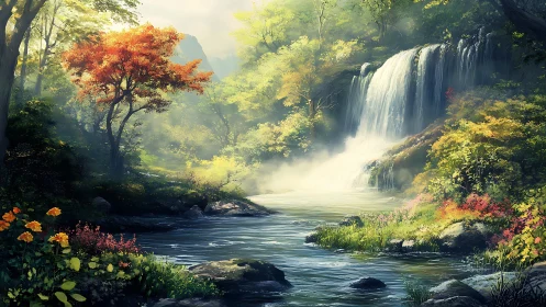 Sunlit forest waterfall with vivid wildflower riverbank.