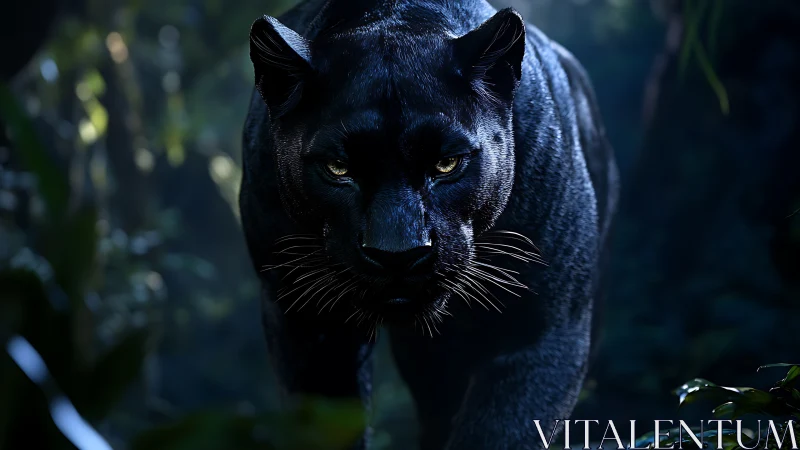 Black Panther Portrait with Luminous Eyes in Jungle.